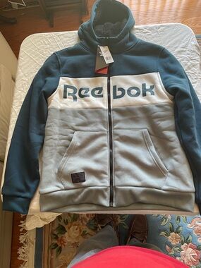 Reebok Blue, White & Light Gray Colorblock Fleece Lined Hoodie with Logo